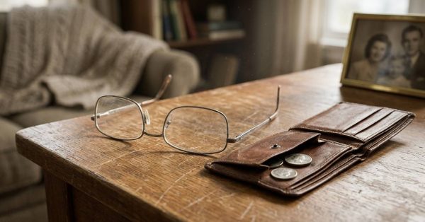 Eyeglasses and a worn wallet with coins on a scratched wooden table, symbolizing retirement financial concerns.
