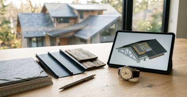 Roofing material samples, architectural design tablet, and planning tools on a desk overlooking a modern residential home.