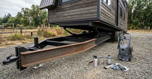 Tiny house trailer frame being cleaned and inspected for rust and maintenance.