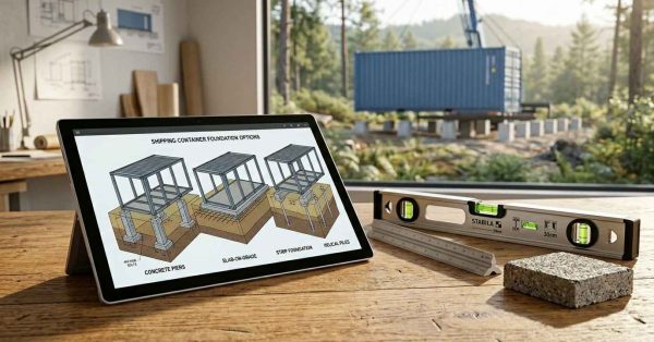 Shipping container foundation options displayed on a tablet beside construction tools.