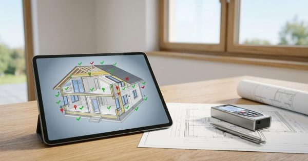 Building envelope inspection plans with a digital measuring device and architectural drawings on a desk, beside a tablet displaying a residential construction assessment model.