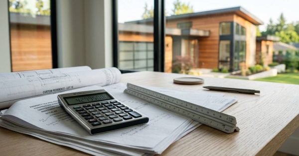 Calculator and construction plans on a desk.