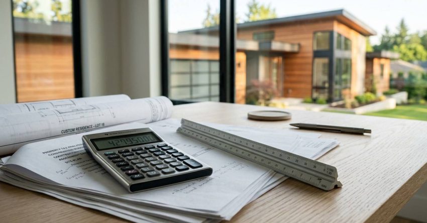 Calculator and construction plans on a desk.