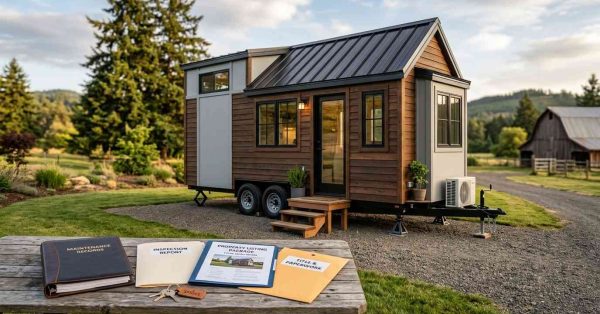 Tiny house on wheels with inspection reports, maintenance records, and resale documents displayed in the foreground.