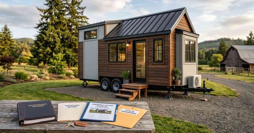 Tiny house on wheels with inspection reports, maintenance records, and resale documents displayed in the foreground.