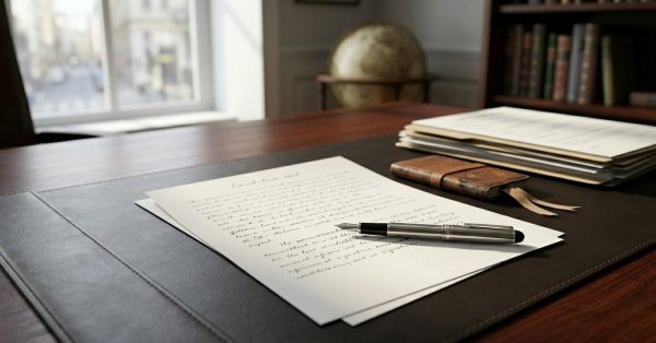 Signed legal document and fountain pen on a desk, symbolizing a property transfer or nominal home sale.