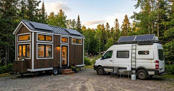 Tiny house and camper van with solar panels parked side by side in a forest campsite.