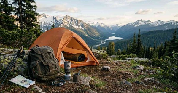 Mountain campsite with a tent, backpack, and hiking gear overlooking a scenic alpine valley.