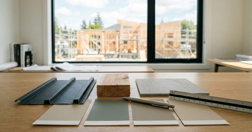 Construction material samples, color swatches, and measuring tools arranged on a desk, with a residential building project visible through the window.