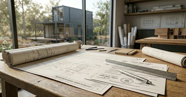 Shipping container home permit documents and blueprints on an architect’s desk.