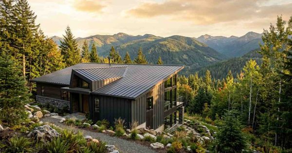Modern mountain home with a dark metal roof and forest views.