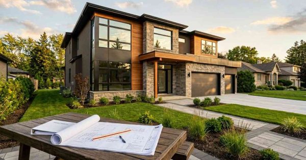 Modern two-story home with stone and wood accents, landscaped yard, three-car garage, and architectural plans displayed on a table in the foreground.