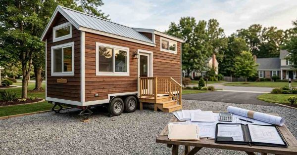 Tiny house on wheels with financing documents and plans on an outdoor table.