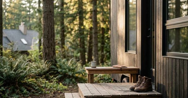 Tiny home porch in a forest setting with hiking boots, a notebook, and a coffee mug.