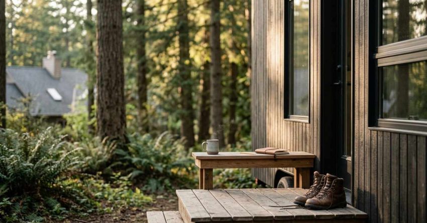 Tiny home porch in a forest setting with hiking boots, a notebook, and a coffee mug.