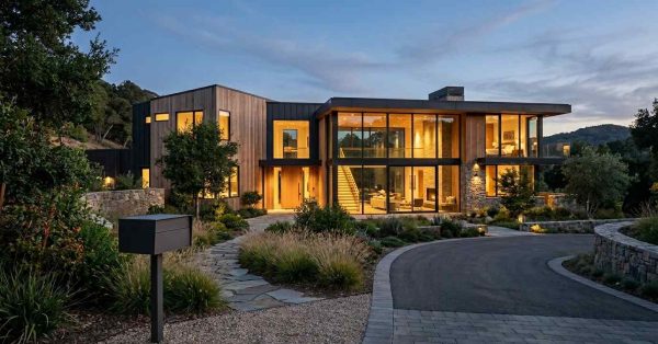 Modern luxury home exterior at dusk.