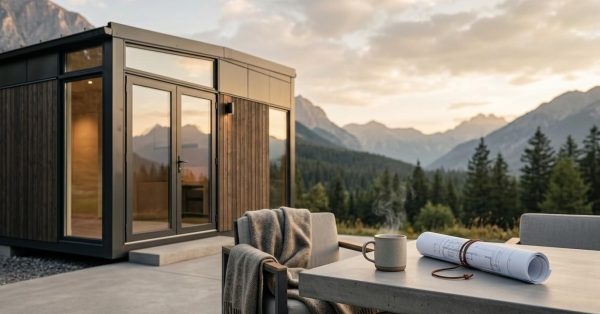 Modern prefab home with architectural plans and a coffee cup on an outdoor table overlooking a mountain landscape, representing modular home design and planning.