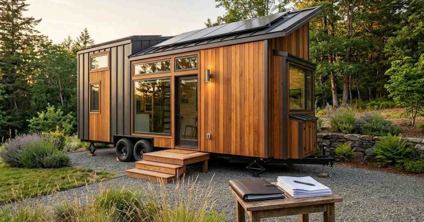Solar-powered tiny house with financing paperwork on a table in the foreground.