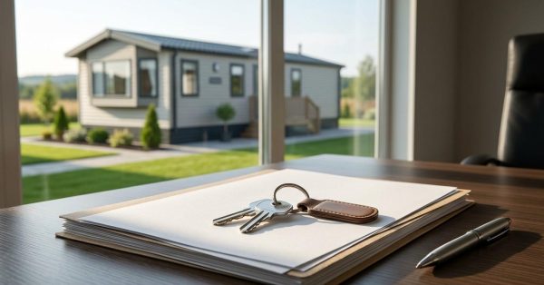 Keys and paperwork on a desk with a mobile home visible through the window.