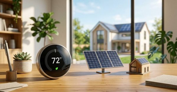 Smart thermostat and solar panel model on a desk.