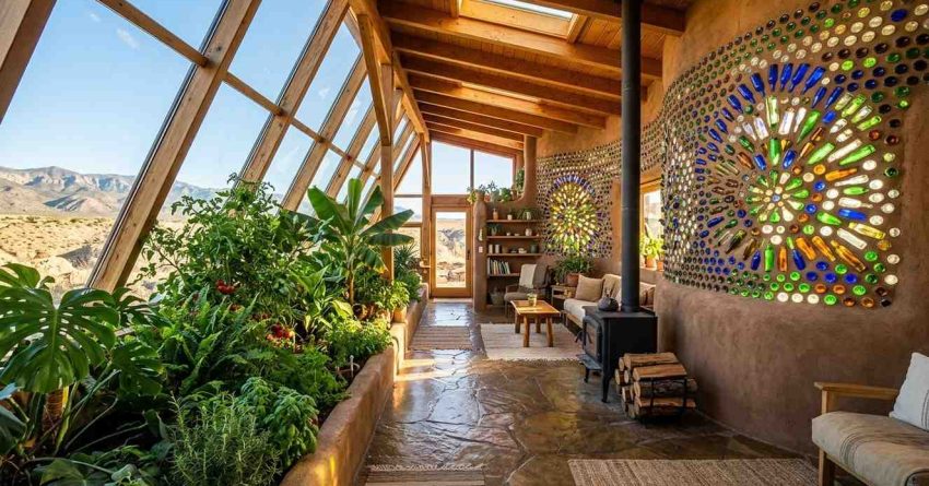Earthship home interior greenhouse with bottle wall art, skylights, and indoor plants.