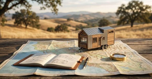 Tiny house model on a map with a notebook and compass, set against rolling California hills.