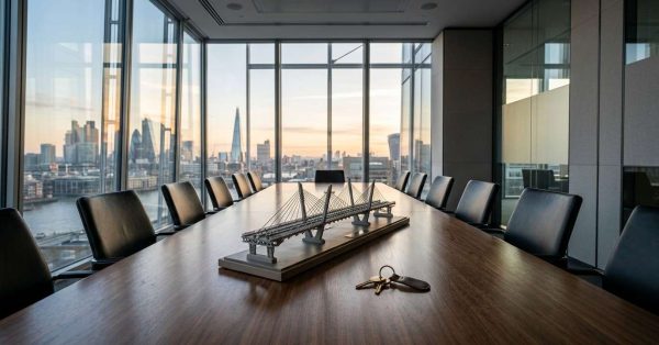 Boardroom with bridge model and keys overlooking a city skyline.