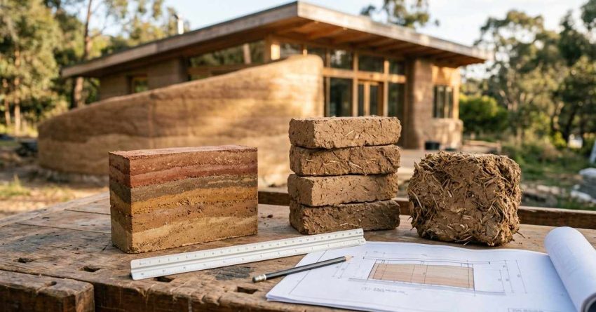 Earthen wall building materials and construction plans in front of a natural home.