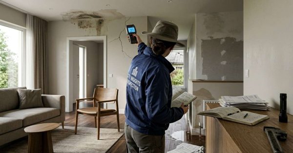 Home inspector using a moisture meter to assess water damage, mold stains, and wall cracks inside a house.