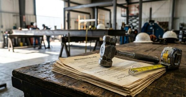 Mechanic’s lien documents with tools on a workshop table.