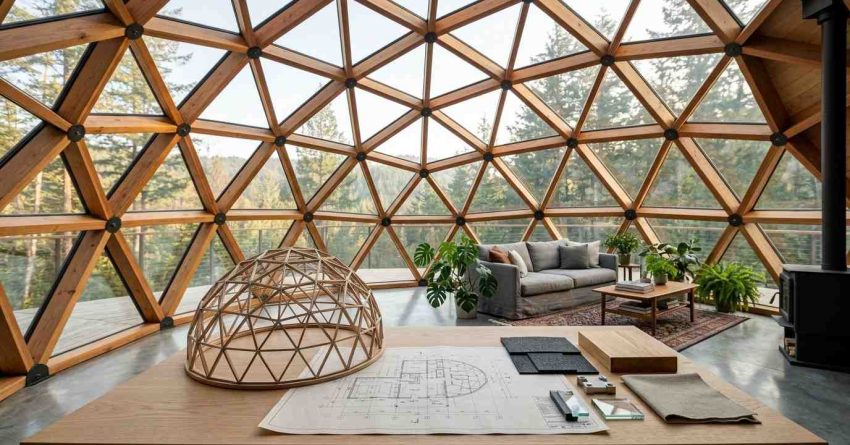 Geodesic dome home interior with panoramic windows, architectural model, and design plans.