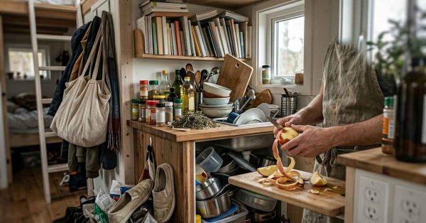 Person preparing food in a cramped tiny-house kitchen with overflowing shelves, cluttered counters, limited storage, and stacked dishes, illustrating space and organization challenges.