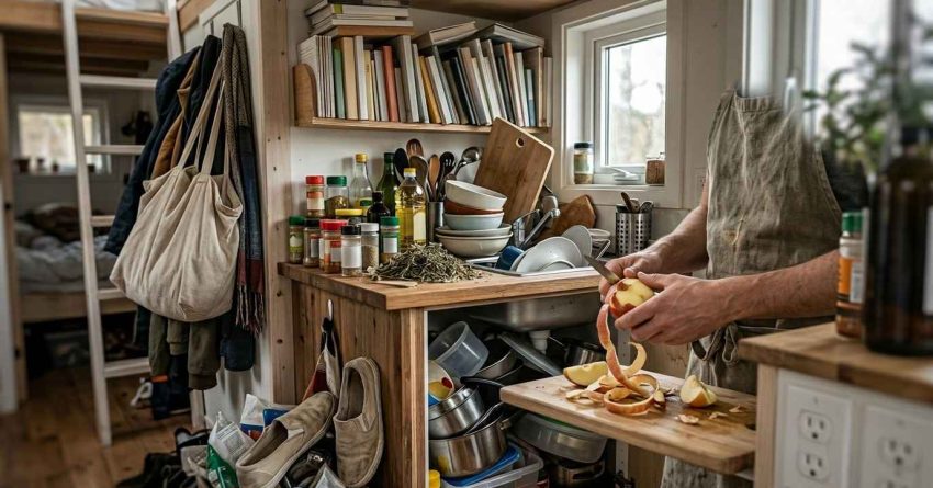 Person preparing food in a cramped tiny-house kitchen with overflowing shelves, cluttered counters, limited storage, and stacked dishes, illustrating space and organization challenges.