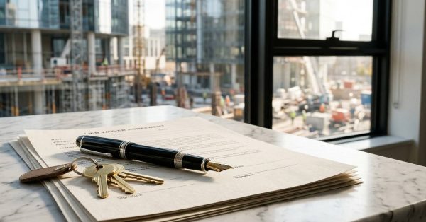 Keys and fountain pen on construction documents.