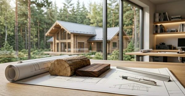 Log home blueprints with wood samples on a desk overlooking a forest cabin.
