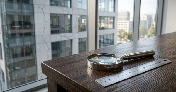 Magnifying glass and ruler on a desk by office windows.