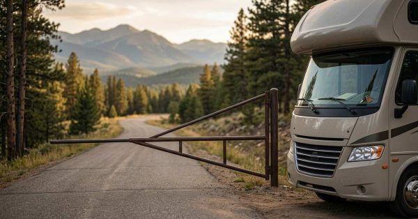 RV parked beside a rural mountain road, blocked by a closed metal gate, symbolizing access restrictions and RV parking limitations.