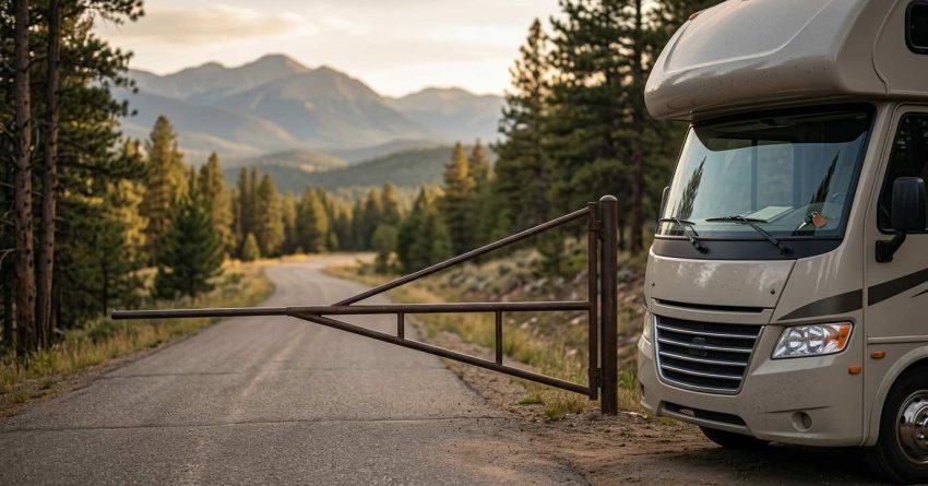 RV parked beside a rural mountain road, blocked by a closed metal gate, symbolizing access restrictions and RV parking limitations.