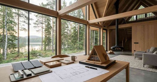 A-frame cabin model and floor plans on a table inside a modern timber home with forest views.