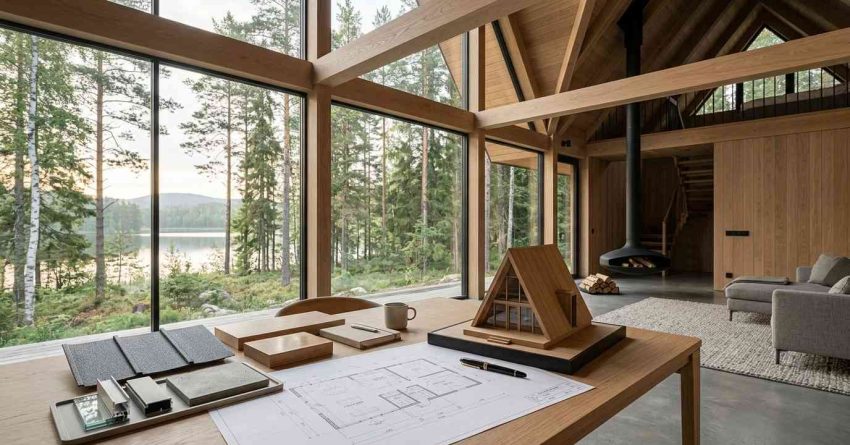 A-frame cabin model and floor plans on a table inside a modern timber home with forest views.