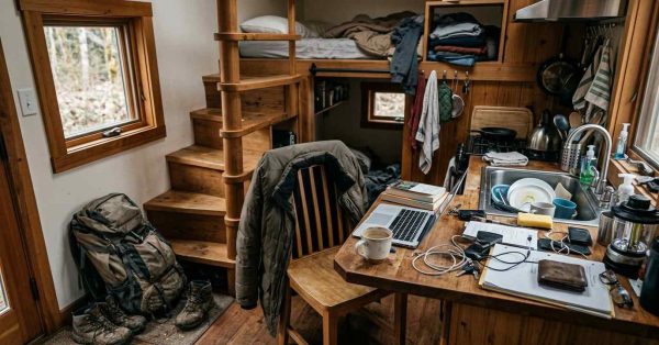 Cluttered tiny-house interior with a combined workspace, kitchen, and sleeping loft, showing limited space, crowded storage, and everyday living challenges.