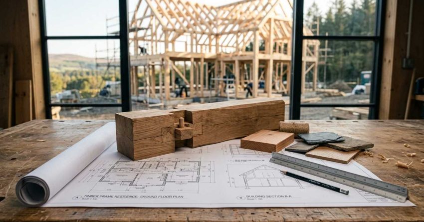 Timber frame house plans with wood joinery samples on a workbench overlooking a construction site.