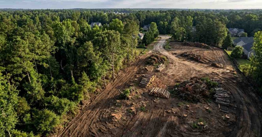 Aerial view of land clearing and site preparation project with cleared building pad, logging debris, and surrounding residential woodland