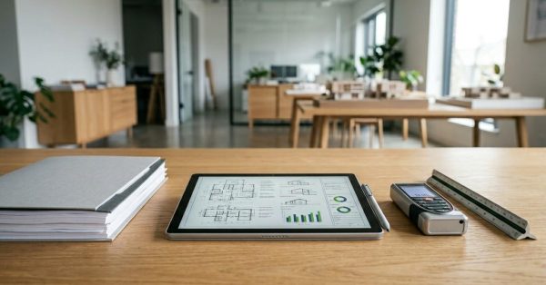 Tablet displaying architectural plans and project analytics on a desk beside a laser measuring tool, ruler, and document binder in a modern design office workspace.