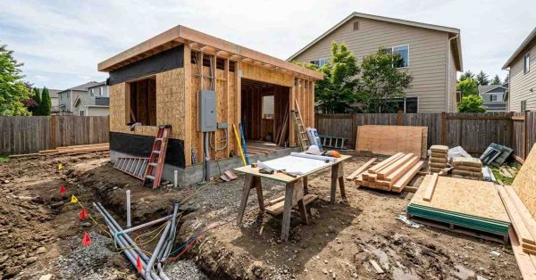 Backyard ADU under construction with exposed wood framing, utility trenches, building materials, and construction plans on a work table.