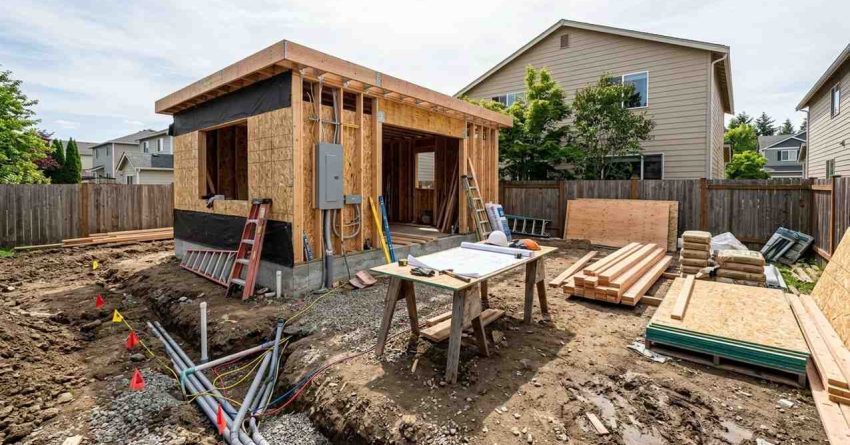 Backyard ADU under construction with exposed wood framing, utility trenches, building materials, and construction plans on a work table.