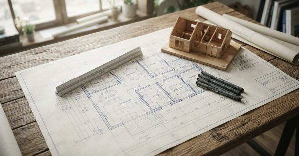 Architectural house blueprint on a wooden table with drafting ruler, technical pens, rolled plans, and a wooden scale model of a home.