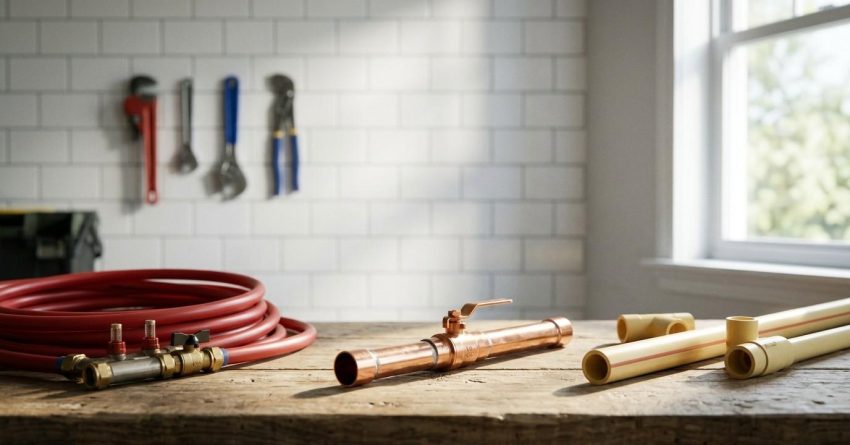 PEX, copper, and CPVC plumbing materials with fittings and valves displayed on a workbench.