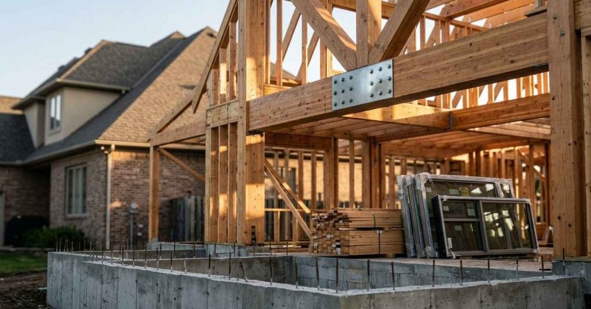 Wood-framed home addition under construction with a concrete foundation, structural framing, stacked lumber, and new windows awaiting installation beside an existing house.