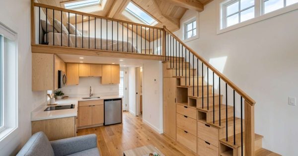 Interior of a modern tiny home featuring a loft bedroom accessed by a staircase with built-in storage drawers, a compact kitchen with light wood cabinetry and stainless steel appliances, vaulted ceilings with exposed wood beams, skylights, and an open-concept living area designed to maximize space and natural light.